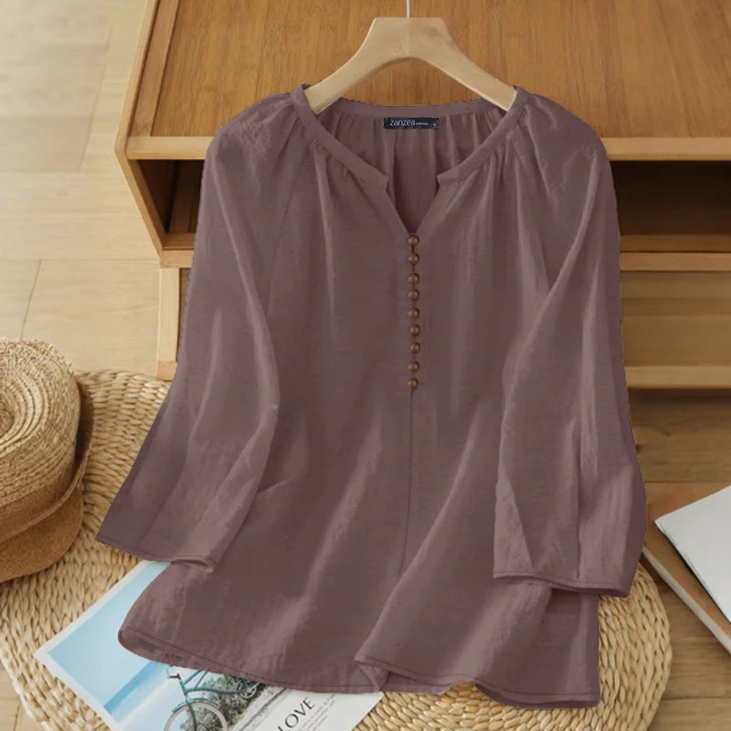 Women Blouse ZANZEA 2026 Spring Summer Shirt Casual V-Neck 3/4 Sleeve Solid Tops Female Mujer Elegant OL Work Blouses Oversize