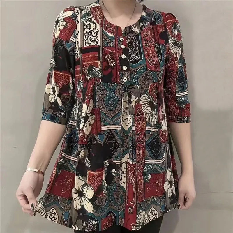 Women Clothes Casual Vintage Floral Print Ethnic Style Ice Silk T-shirt Summer Fashion O Neck 3/4 Sleeve Loose Tunic Ladies Tops