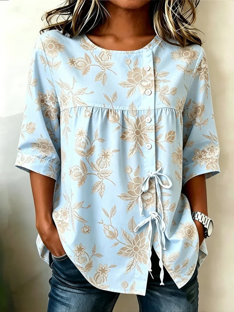 Ladies' casual shirt printed with artistic plants and flowers, lightweight and comfortable, for street wear and daily travel