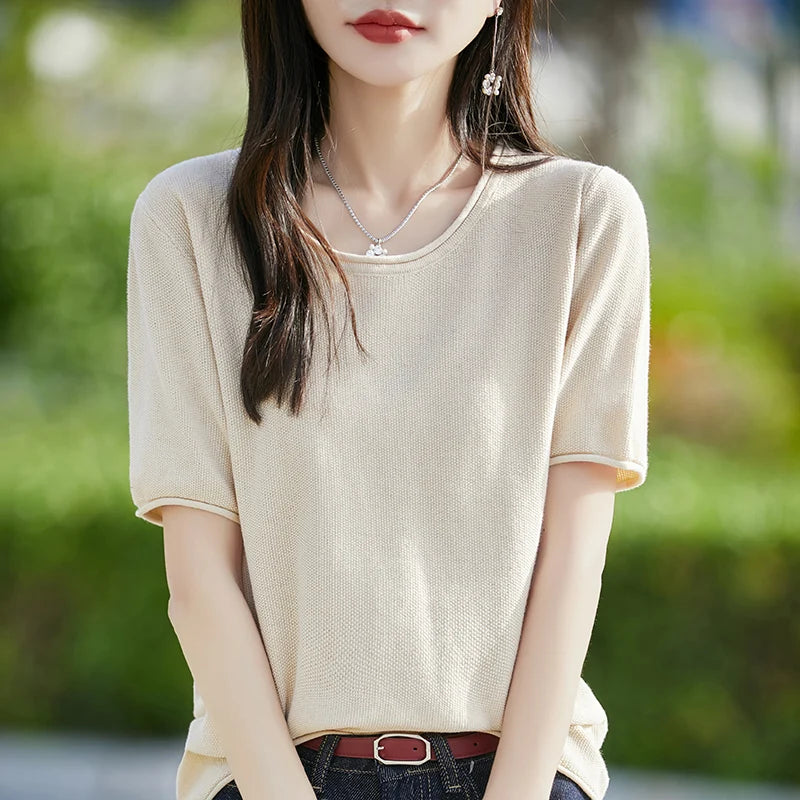 100% cotton ladies spring and summer comfortable round neck advanced design half sleeve pullover short sleeve blouse.