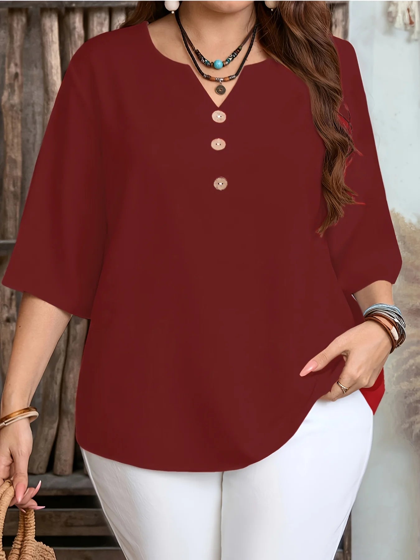 Plus Size Women's Casual Simple Shirt, Suitable for Spring, Summer, Autumn, and Valentine's Day, Solid Color V-Neck Top