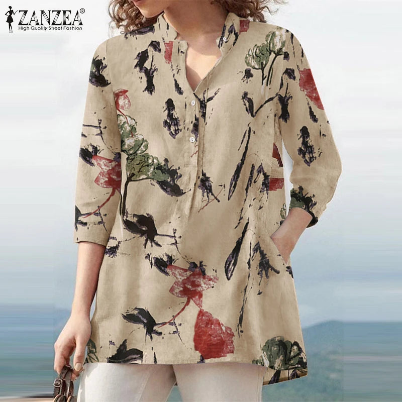 ZANZEA Woman Vintage Floral Printing Blouses Mandarin Colar Half-Button 3/4 Sleeve Cotton Blend Tunic Tops Spring Summer Blusas