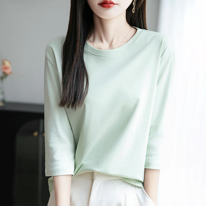 Spring And Summer New Cropped Sleeve Women's Round Neck Cotton T-shirt Loose Mercerized Cotton Short Sleeve Bottoming Shirt