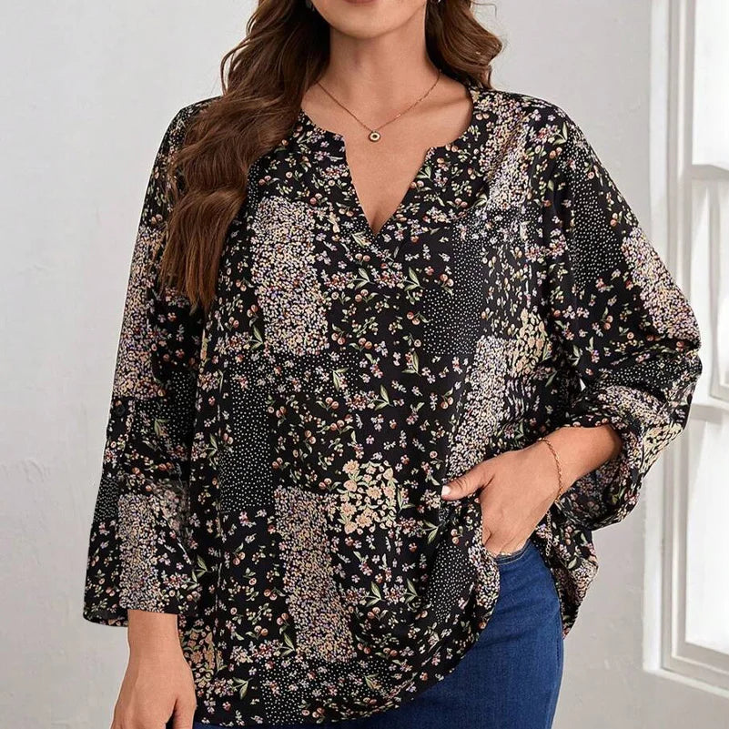 Plus Size Women's Shirt, Printed V-Neck Long Sleeves, Loose Fit, Elegant Design, Spring & Fall Fashionable Casual Vacation Top