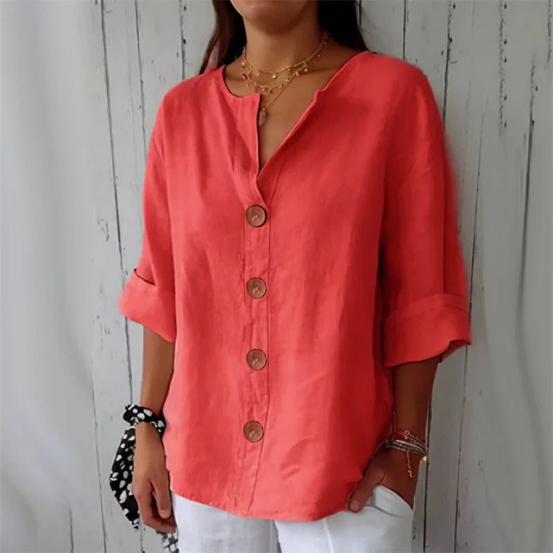Summer Loose Shirt Women's V-Neck Cotton Linen Button Top Casual Shirts Solid Fashion Elegant Office Womens Clothing 2025 Blouse