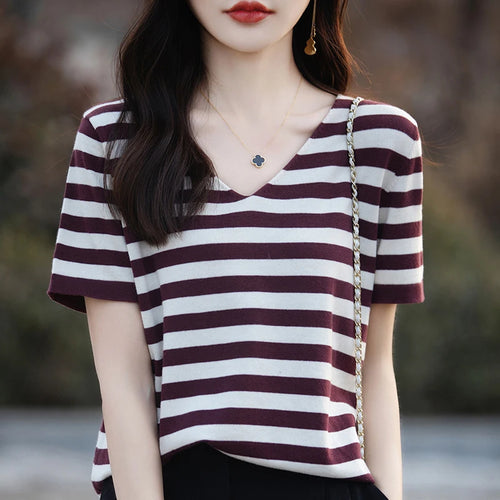 100% pure cotton striped knitted short sleeved T-shirt for women, V-neck pullover, loose fit, slimming and age reducing half sle