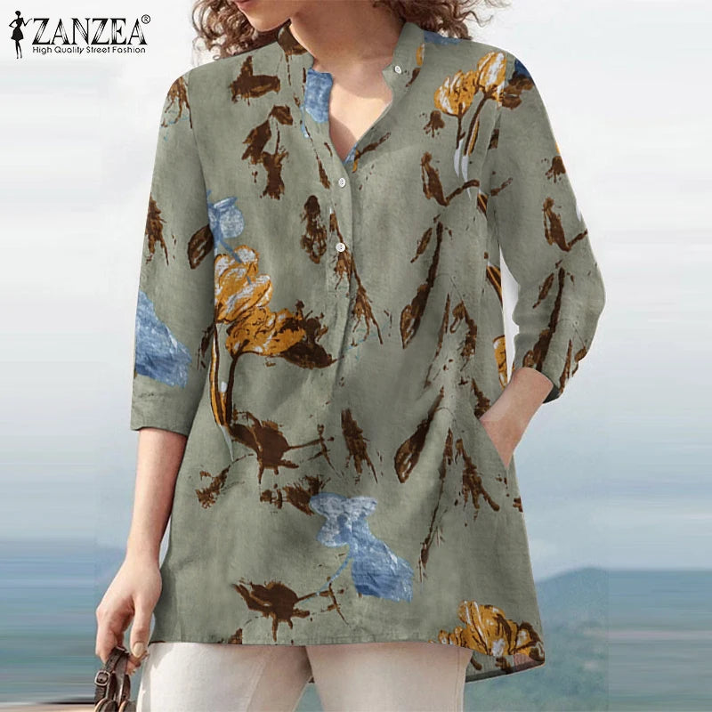 ZANZEA Woman Vintage Floral Printing Blouses Mandarin Colar Half-Button 3/4 Sleeve Cotton Blend Tunic Tops Spring Summer Blusas